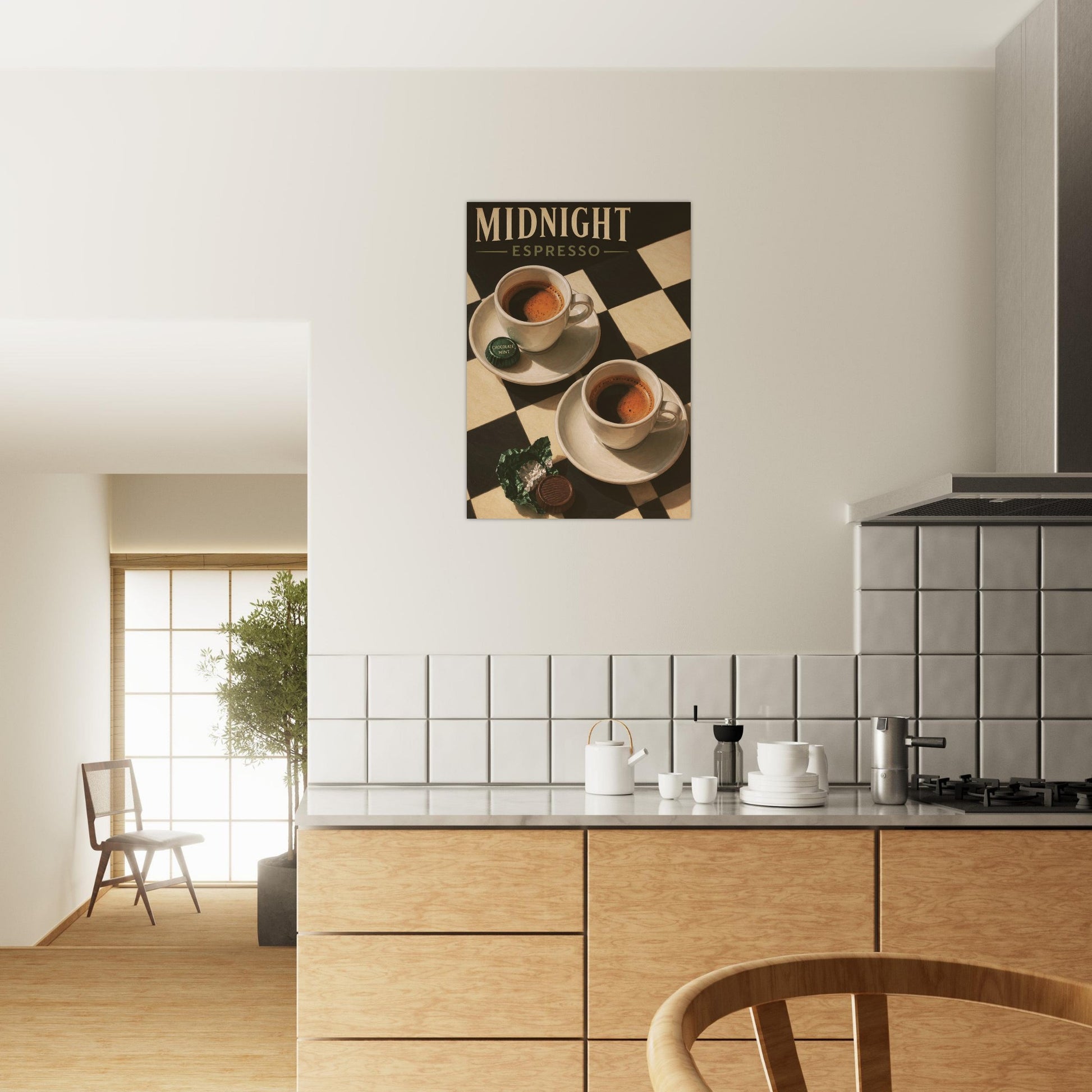 Midnight Espresso coffee print displayed in a warm minimalist kitchen and dining space.