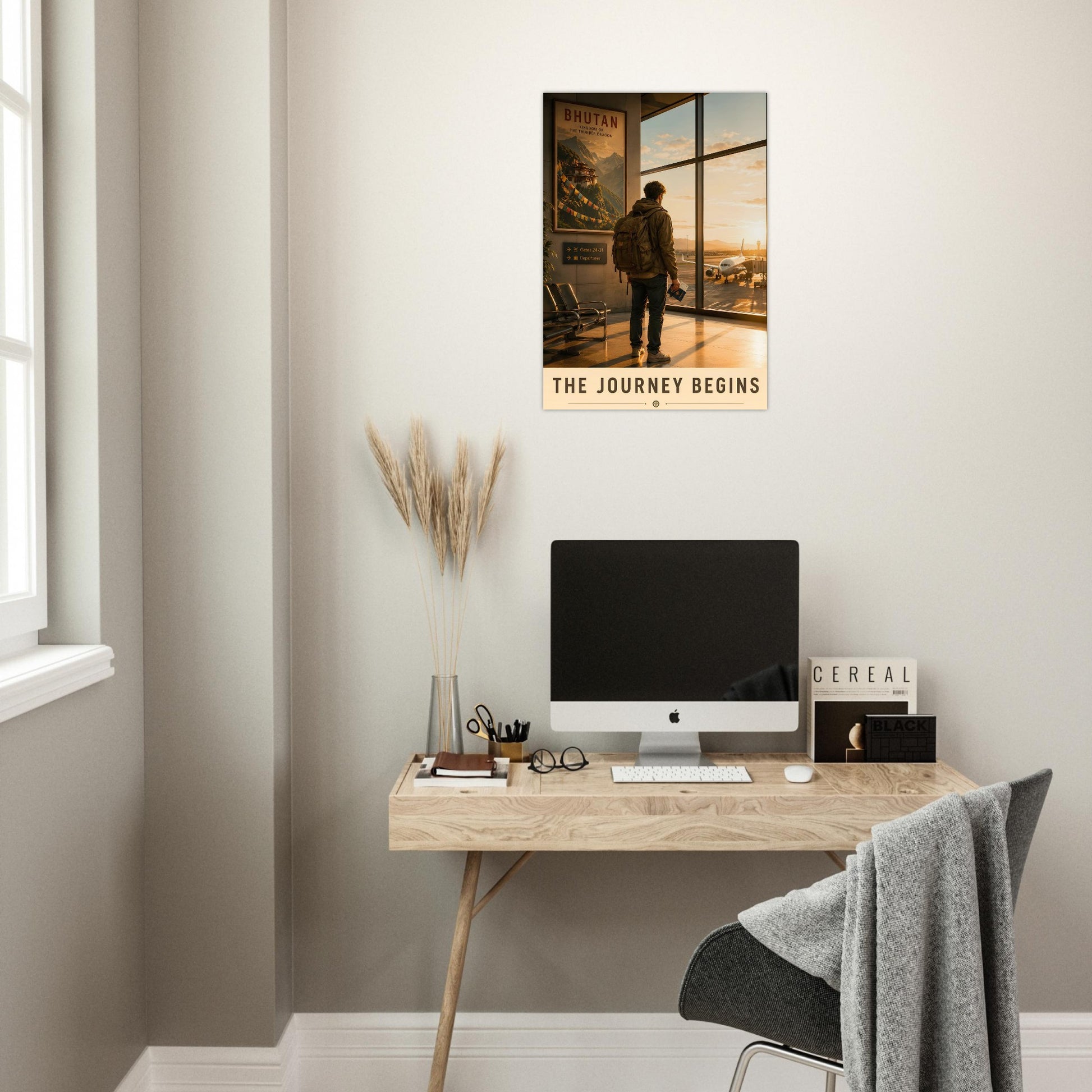 The Journey Begins travel wall art styled above a wooden desk in a contemporary home office workspace.