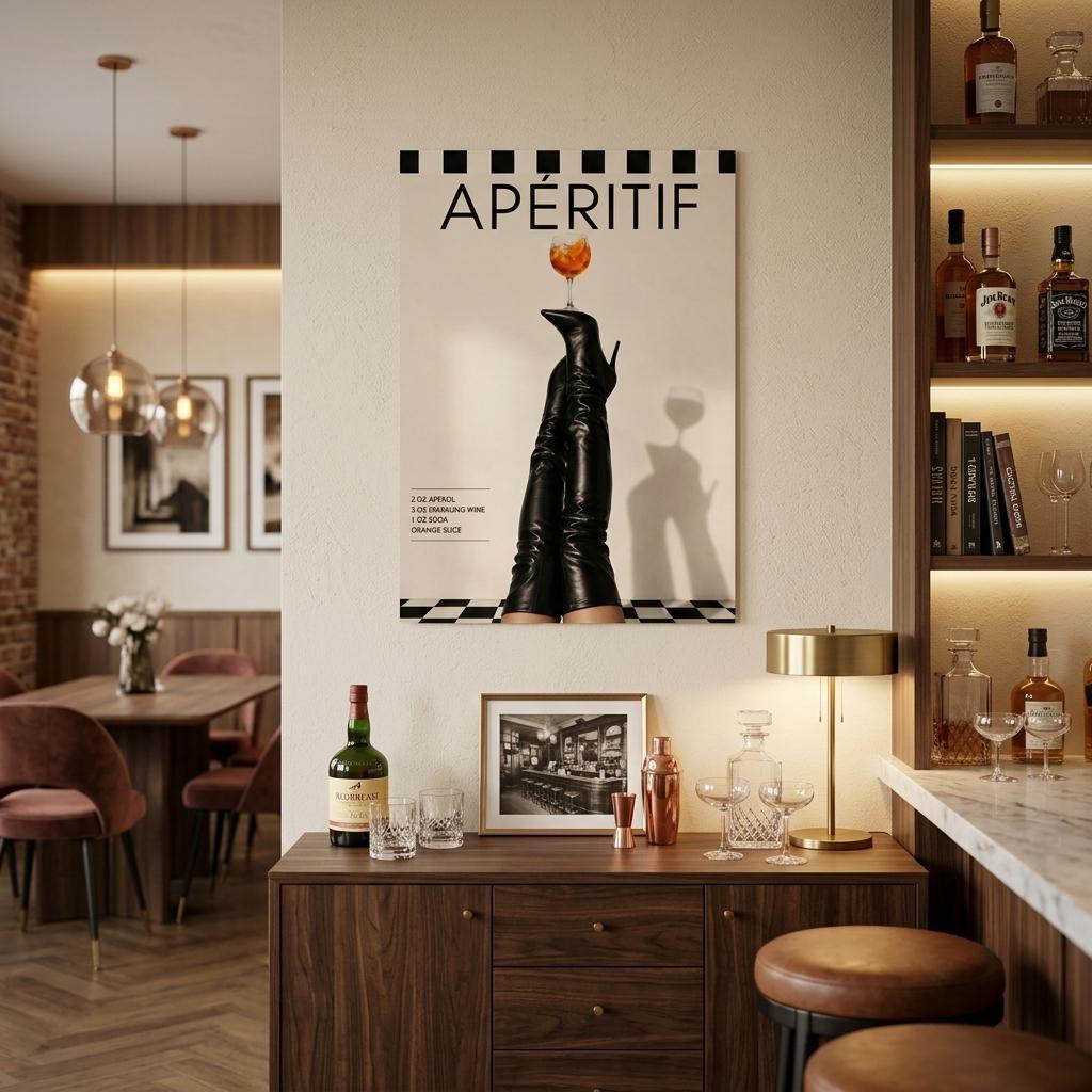 Aperitif fashion wall art featuring black thigh high boots and orange cocktail displayed in stylish luxury bar interior