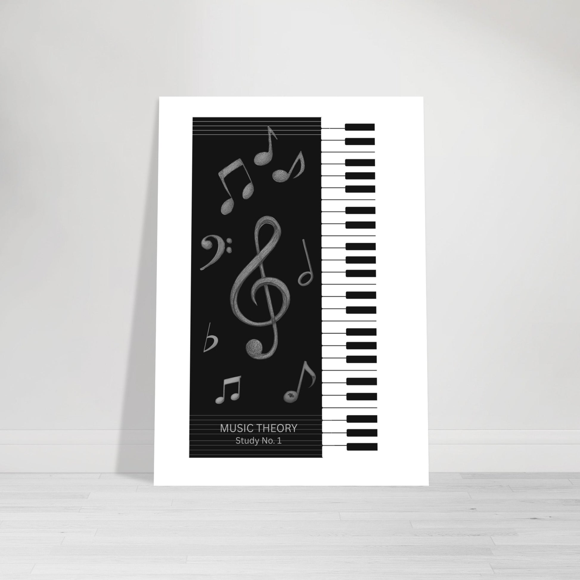 Poster with music theory design featuring piano keys and musical notes on a white background