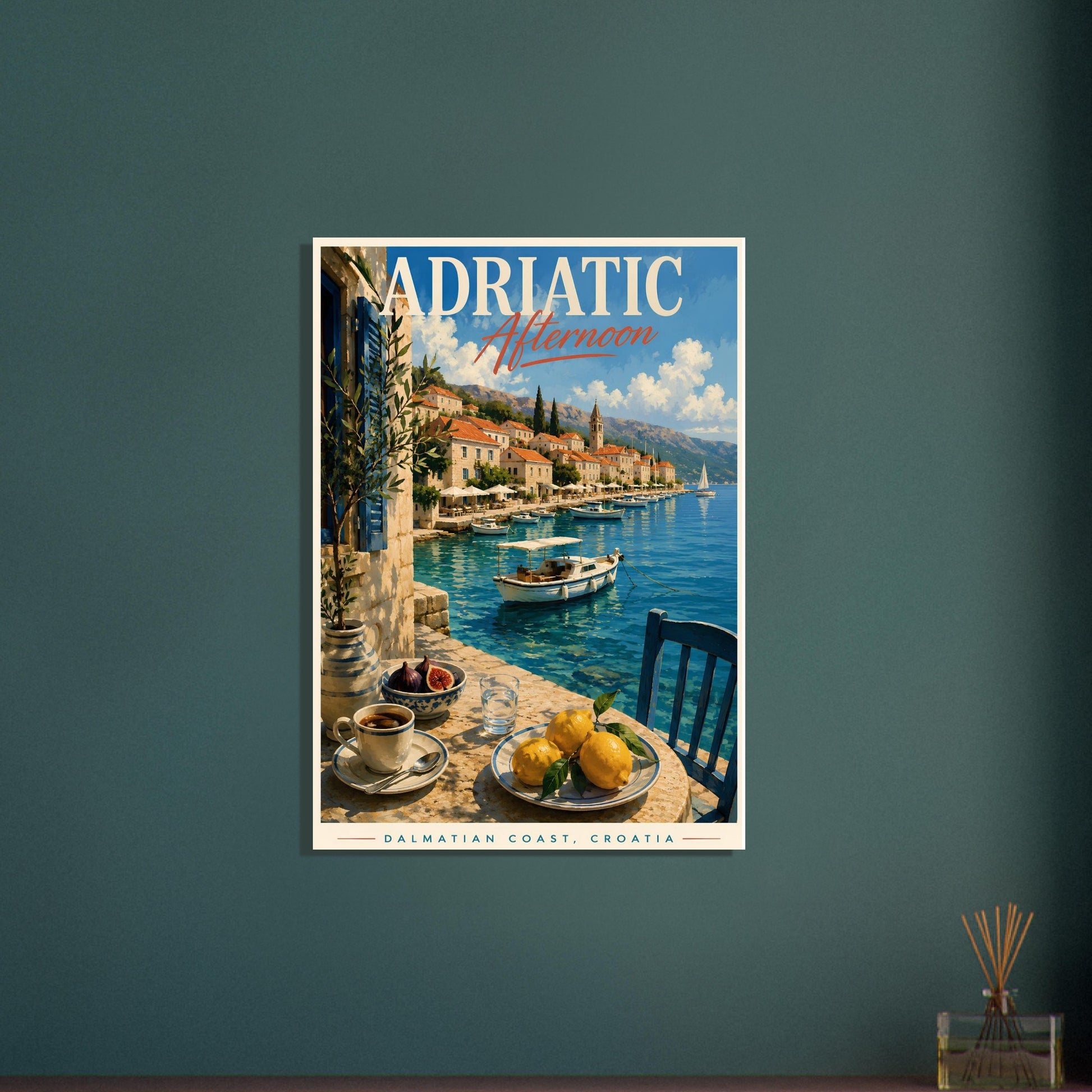 Dalmatian Coast travel poster displayed on a dark feature wall in a stylish interior