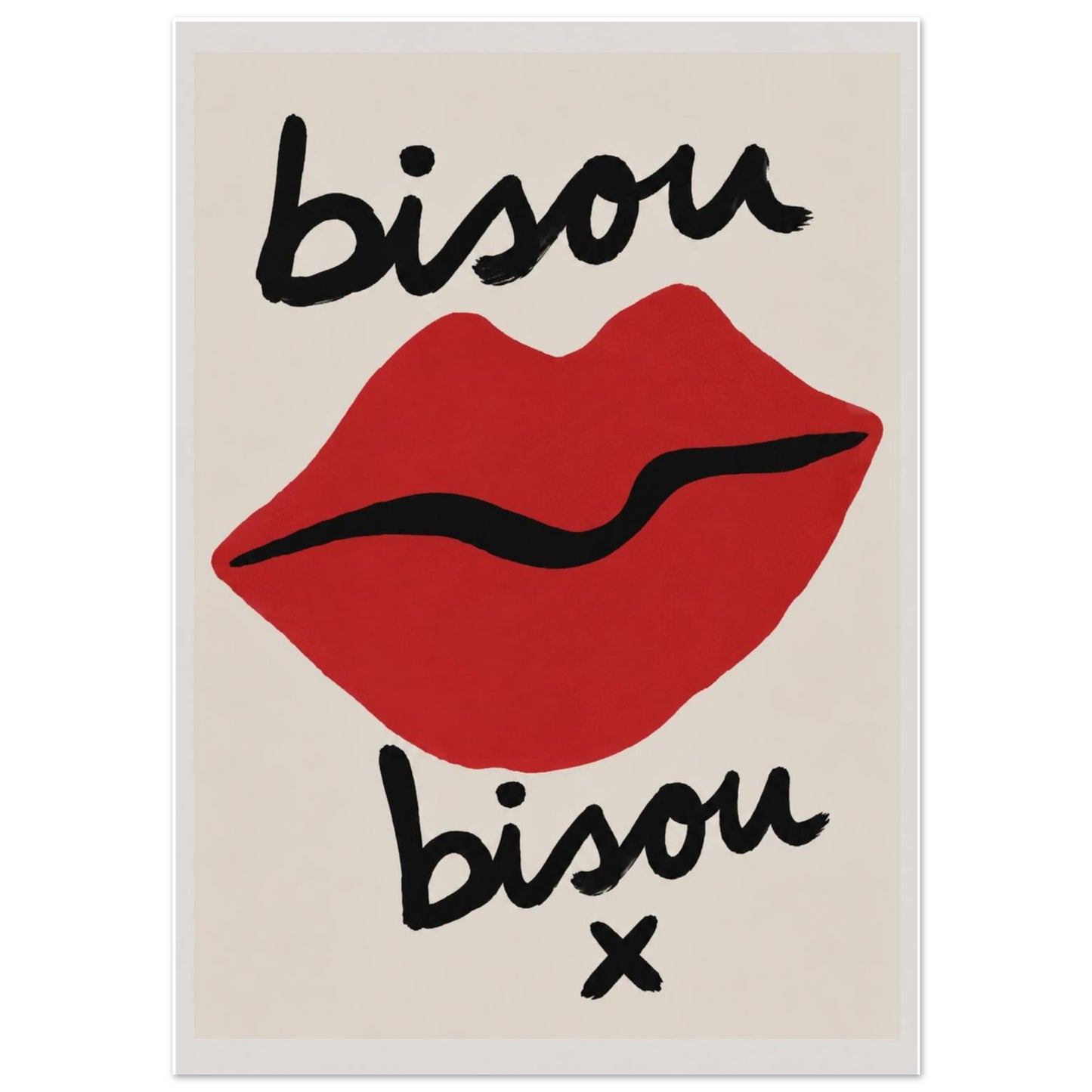 Red lips Poster with 'bisou' text on a beige background