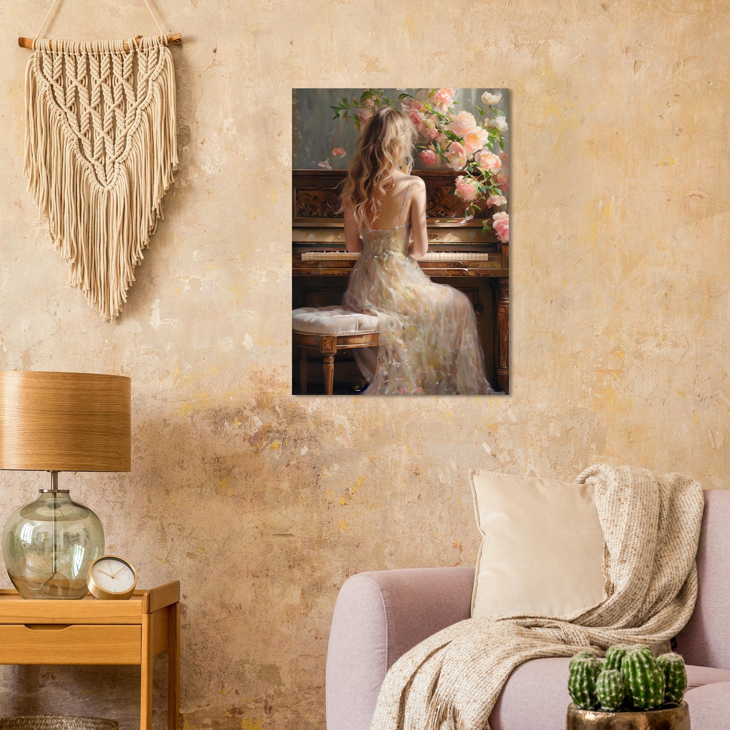 Romantic Piano Poster – Vintage Art Print of Woman with Flowers