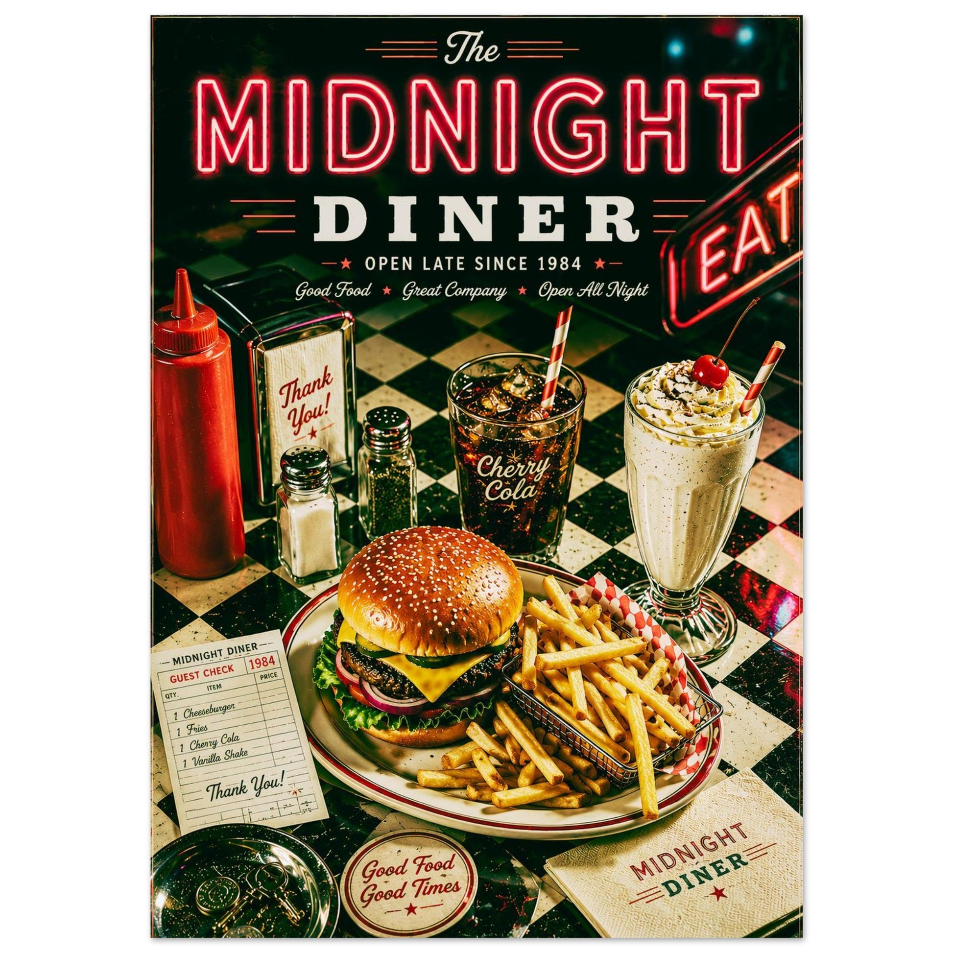 Vintage Americana wall art featuring classic diner food, checkerboard décor and nostalgic neon lighting