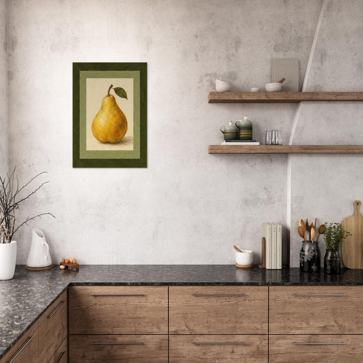 A framed art print of a yellow pear hanging on a textured light gray wall in a modern kitchen setting with wooden cabinets, floating shelves, and kitchenware.