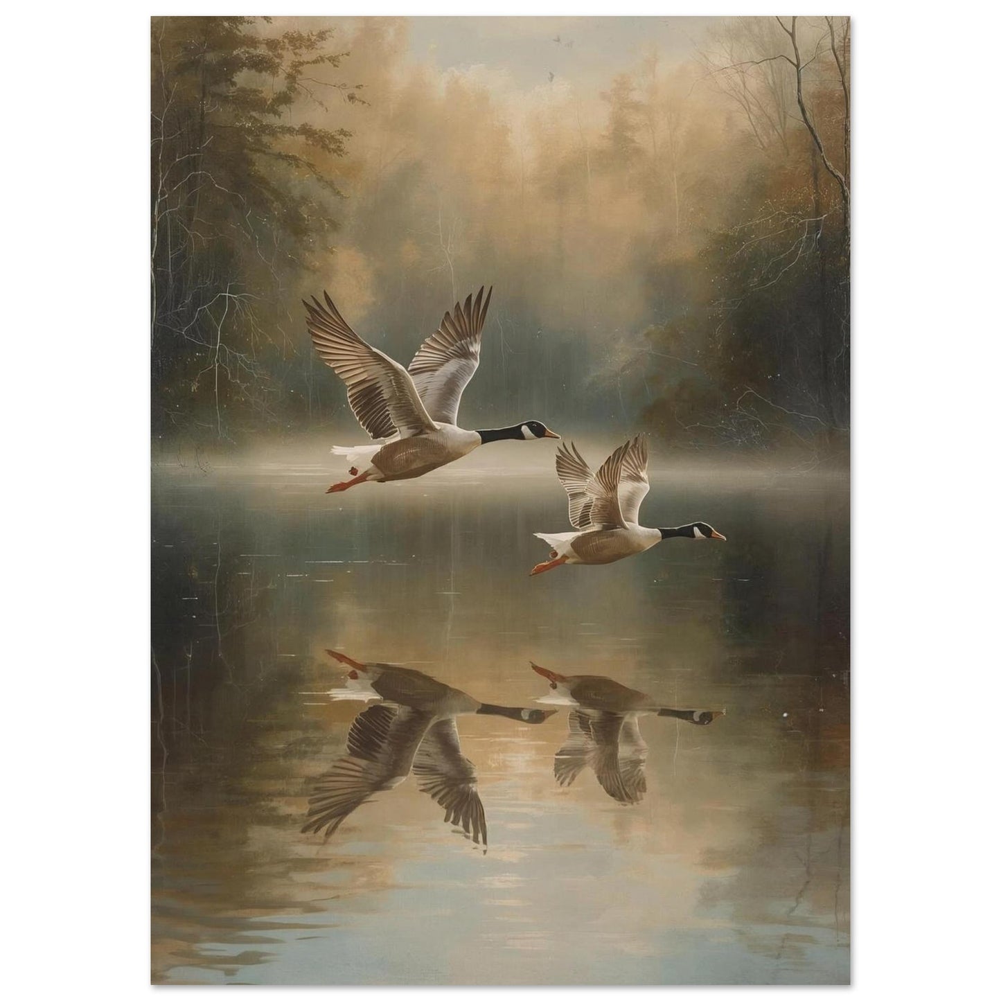 Poster of Two geese flying over a reflective lake with a misty forest background