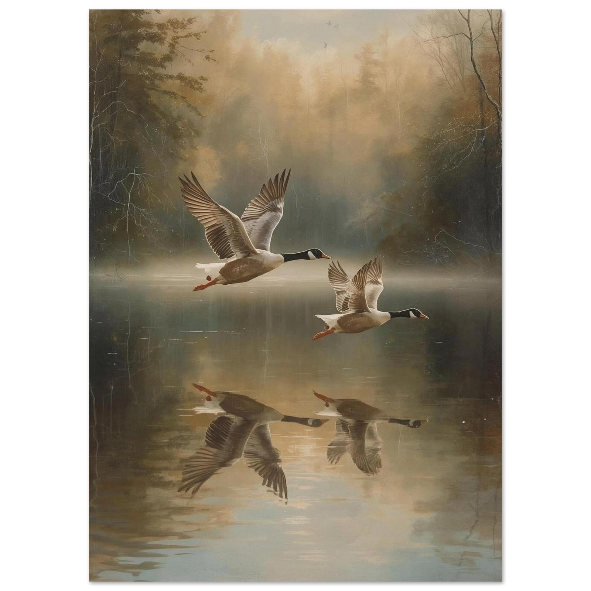 Poster of Two geese flying over a reflective lake with a misty forest background