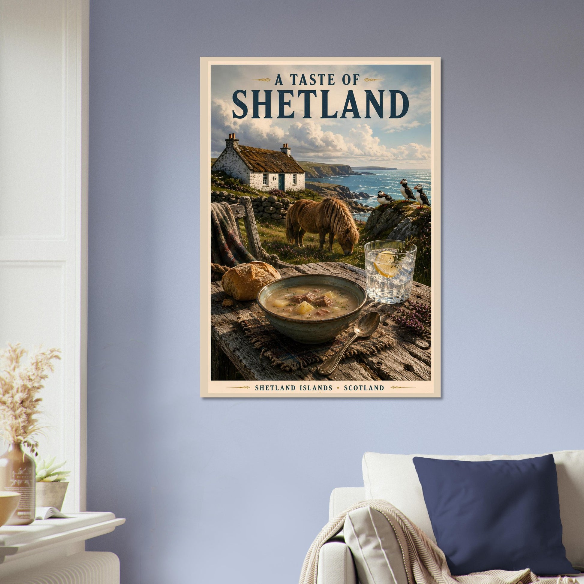 A Taste of Shetland poster displayed in a light blue lounge with soft coastal decor accents