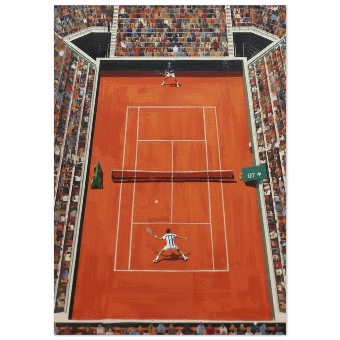 Poster of a tennis match on a red court with spectators in the stands.