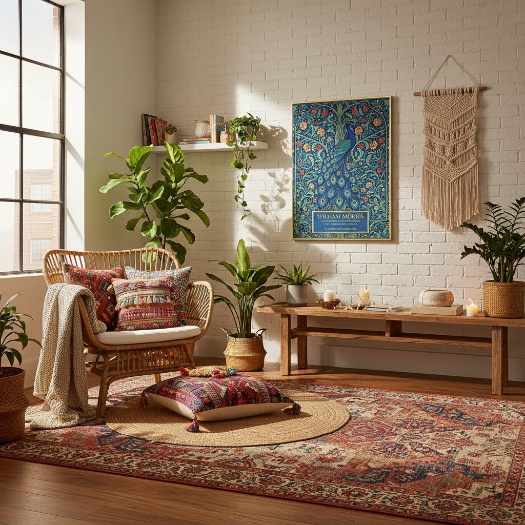 Vintage William Morris exhibition poster of a blue peacock with a long, detailed tail, surrounded by intricate green vines and orange flowers on a dark teal background. Cream-colored text at the bottom reads William Morris The Peacock and Vine Exhibition.