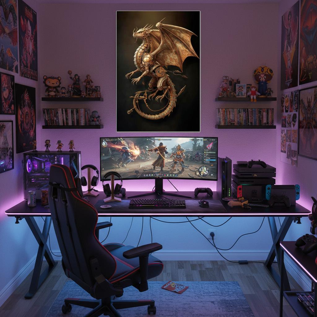 Gaming setup with dual monitors, gaming chair, and decorative elements in a room.