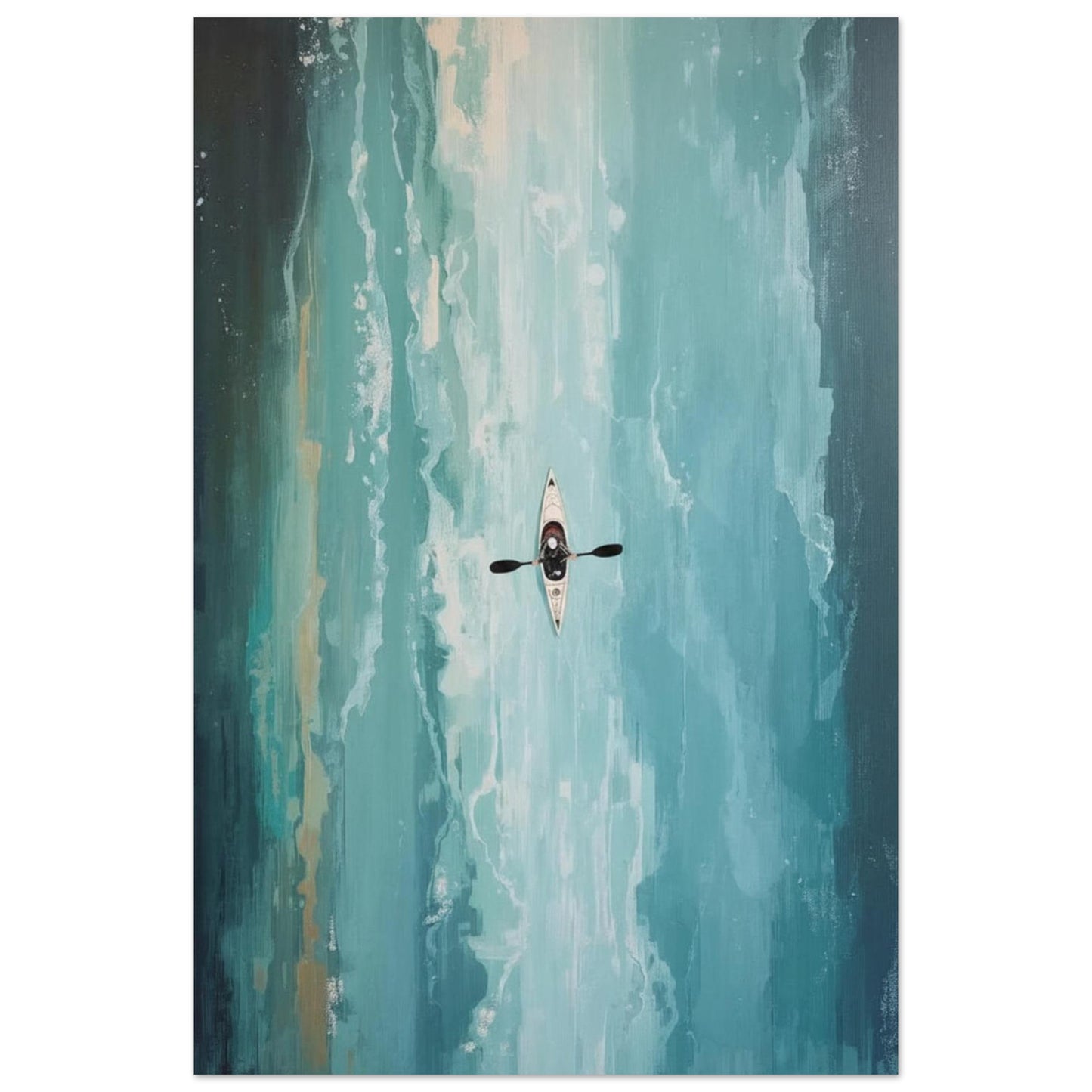 Kayaker Poster in the middle of a river with a colorful, abstract background