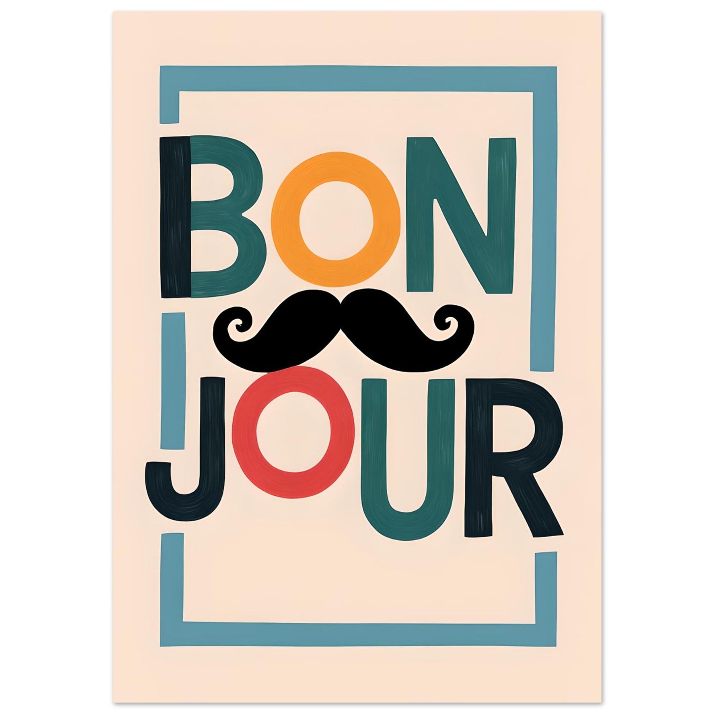 Poster with 'Bonjour' text in colorful letters on a beige background