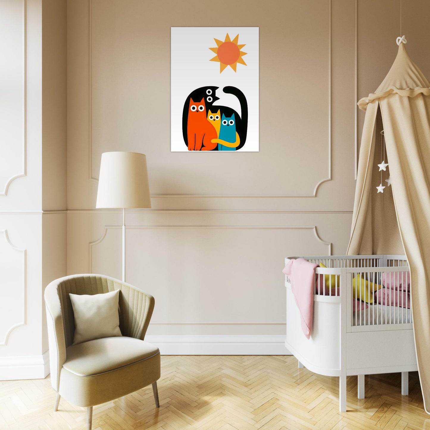 Poster with three cats and a sun on a white background on a wall above a crib in a childrens bedroom