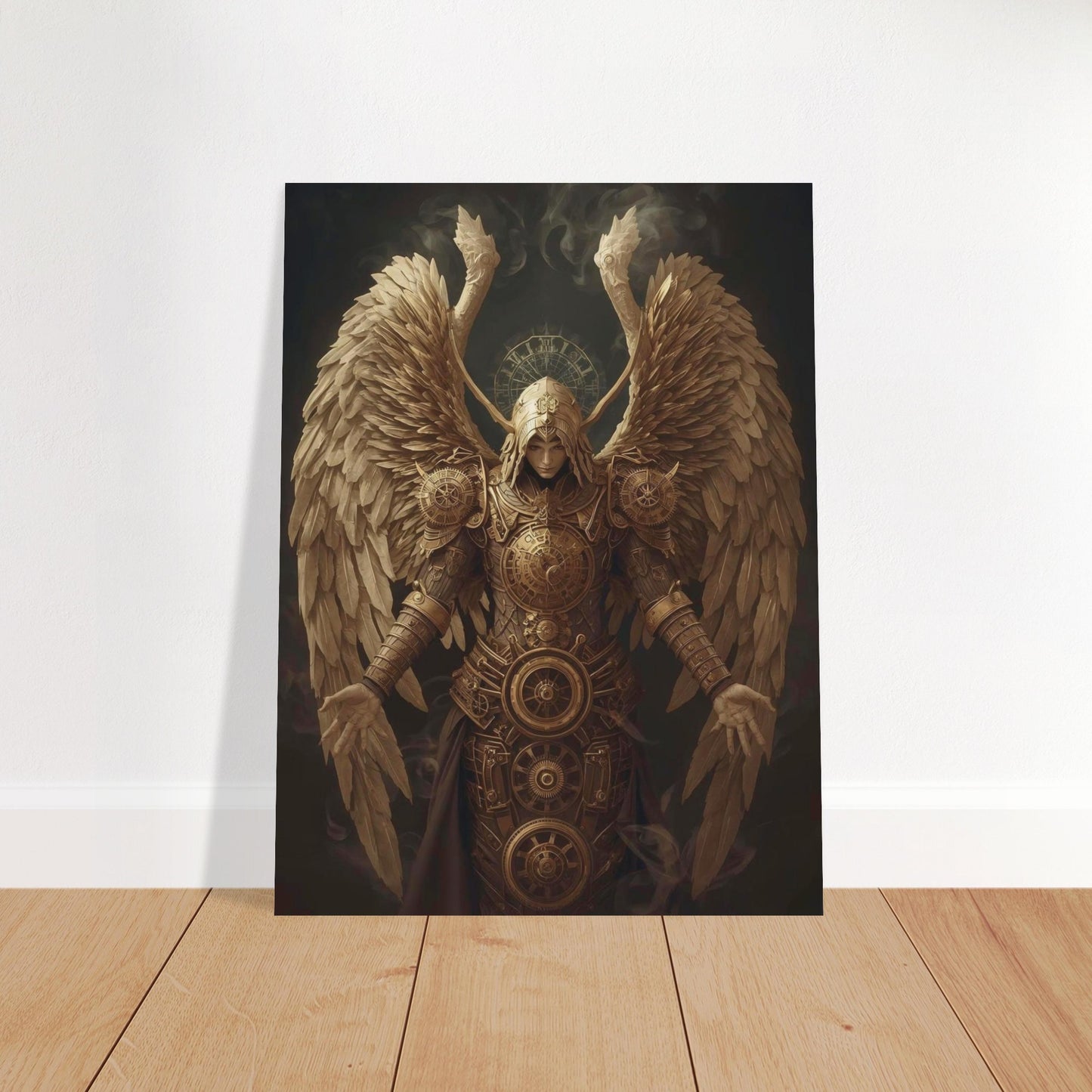 Decorative wall art of an angelic figure with mechanical elements on a plain background