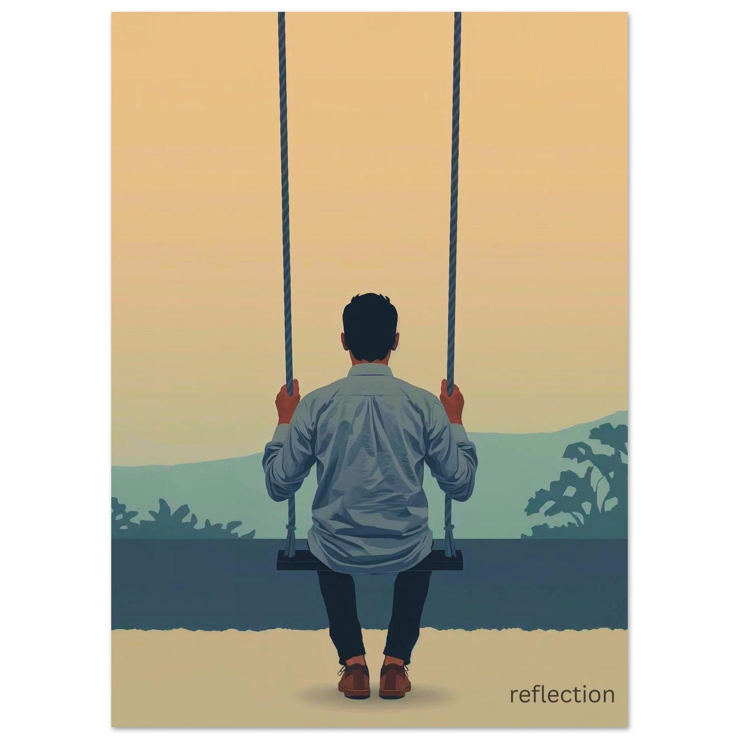 Man sitting on a swing facing a scenic landscape with 'reflection' text at the bottom.