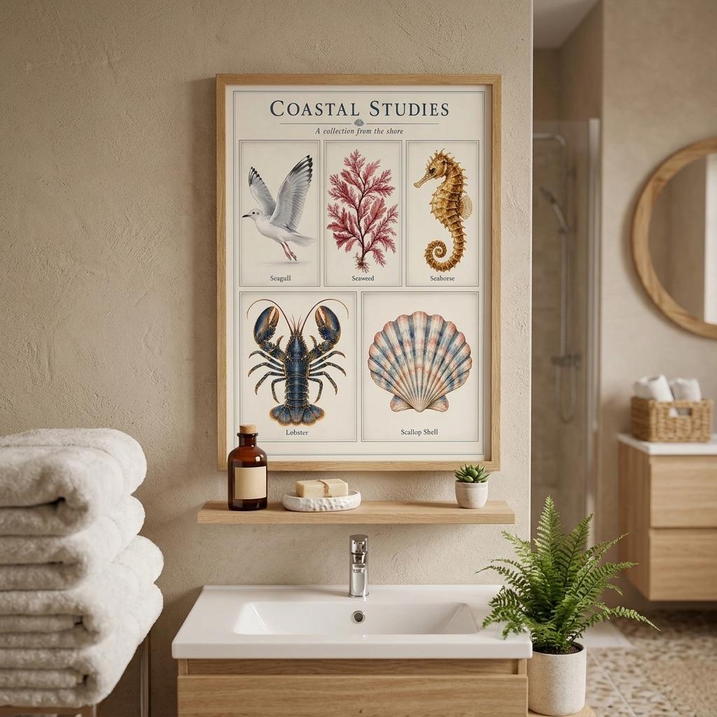 A framed vintage-style nautical art print titled 'COASTAL STUDIES' hangs on a beige wall above a bathroom vanity. The print features illustrated seashells, coral, a seahorse, a lobster, and a seagull.