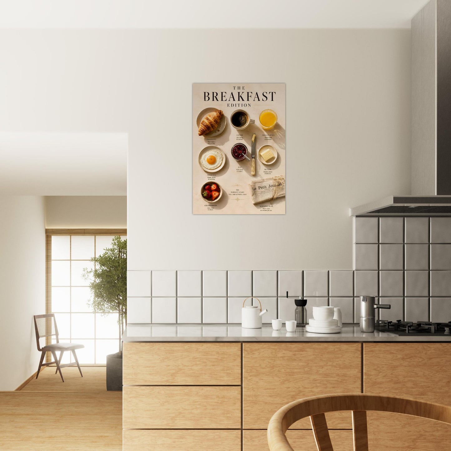 Breakfast Edition Poster displayed in a warm neutral living space featuring luxury breakfast wall art and editorial styling.