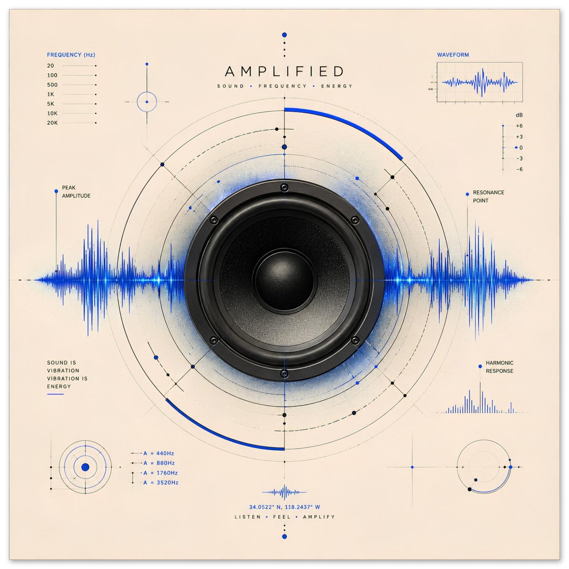 Close-up of the Amplified minimalist speaker poster featuring electric blue sound waves, frequency diagrams and geometric acoustic design.