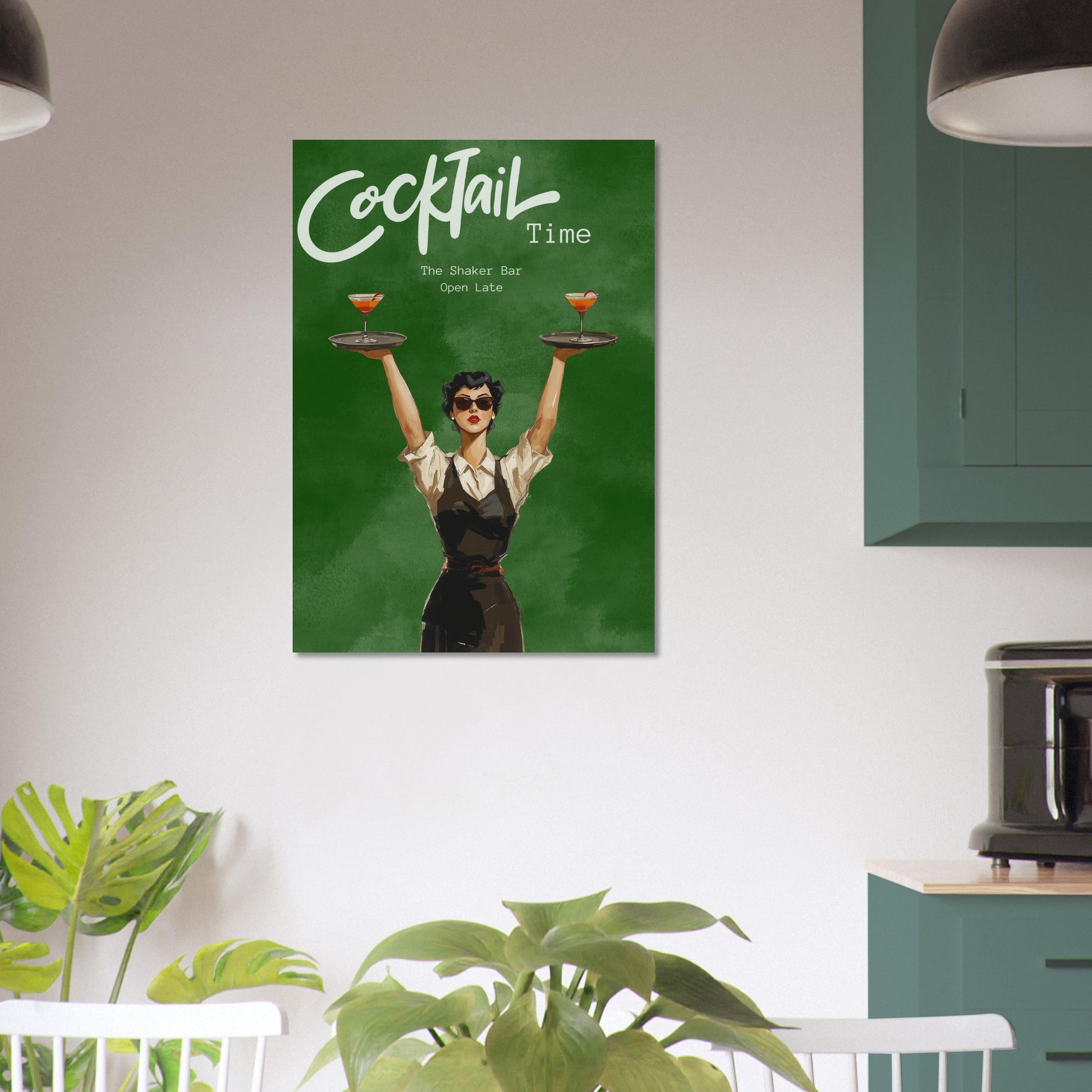 Poster of a bartender with cocktails on a green background in a kitchen setting.