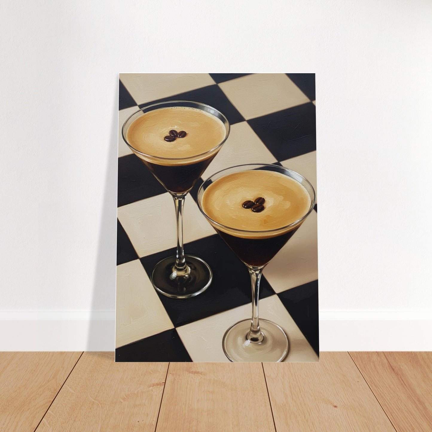 Espresso martini art print leaning against wall on wooden floor with bold black and cream checkerboard design