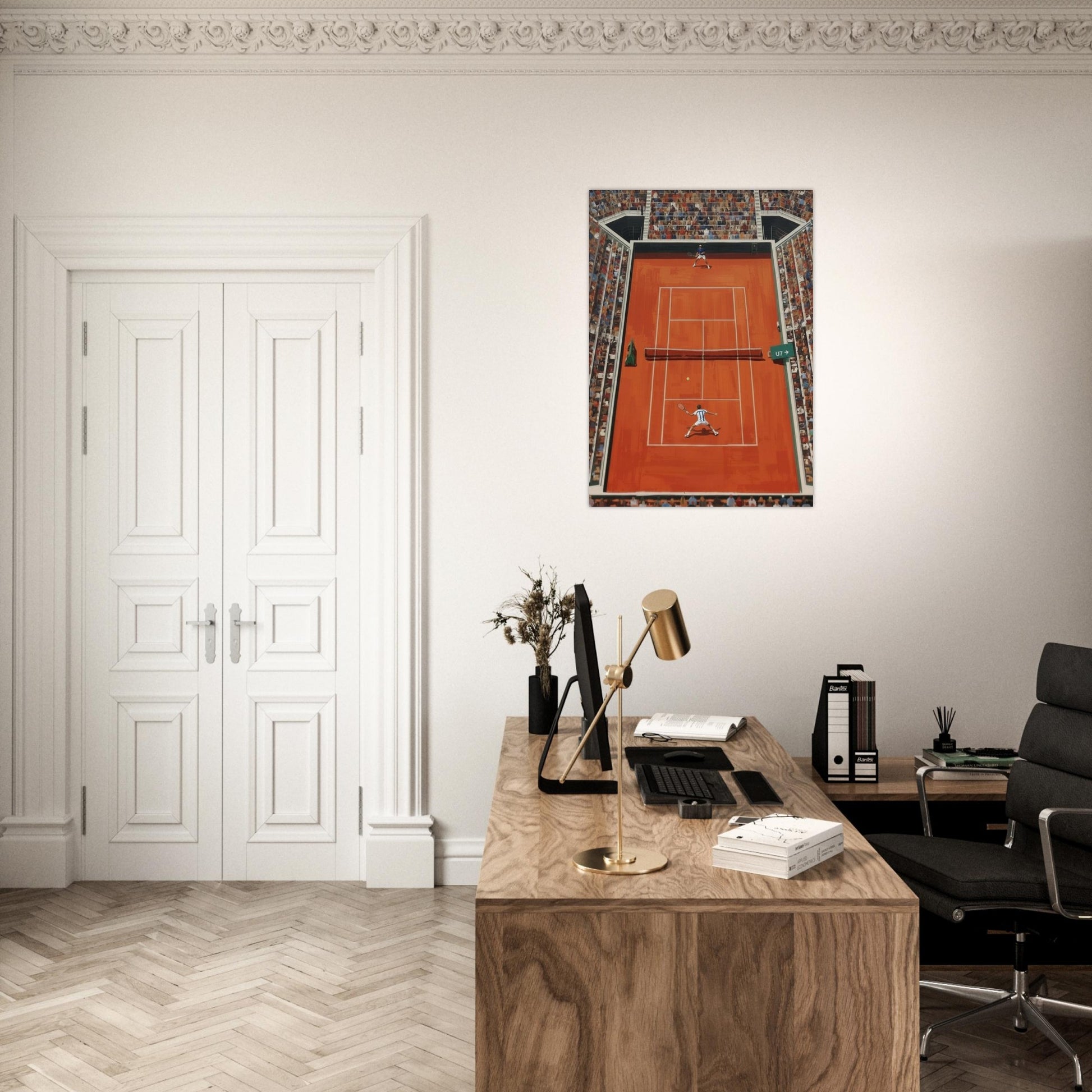 Modern office with a desk, chair, and wall art of a tennis court.