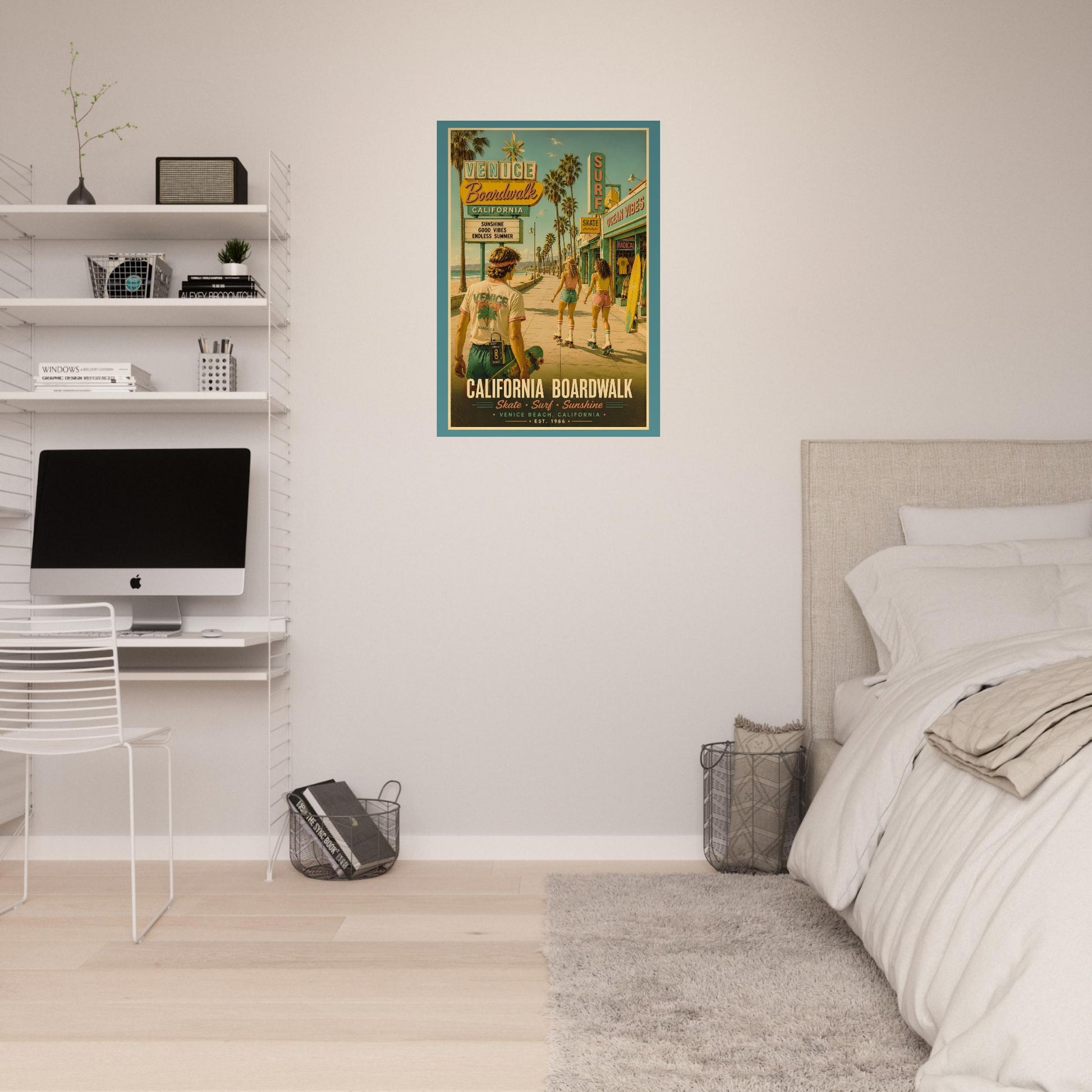 Room interior with a bed, desk, and framed poster on the wall.