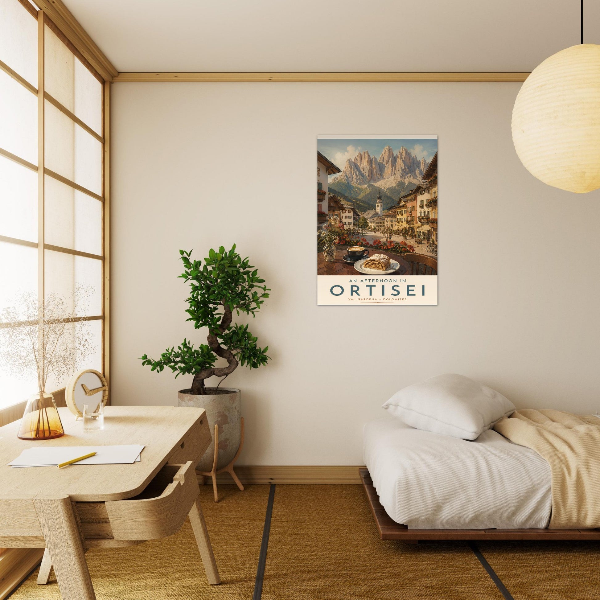 Ortisei travel poster featured in a Japandi-style bedroom, depicting the scenic beauty of Val Gardena and the Italian Alps.