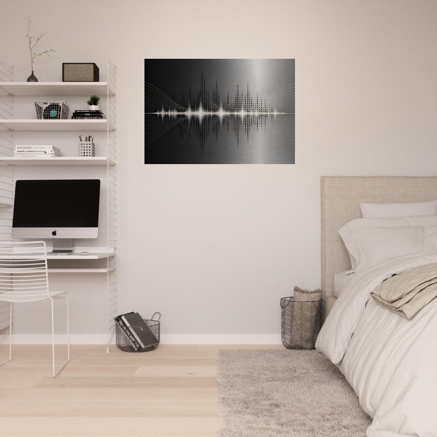 Minimalist soundwave aluminium wall art displayed in a neutral bedroom above a small desk beside the bed.