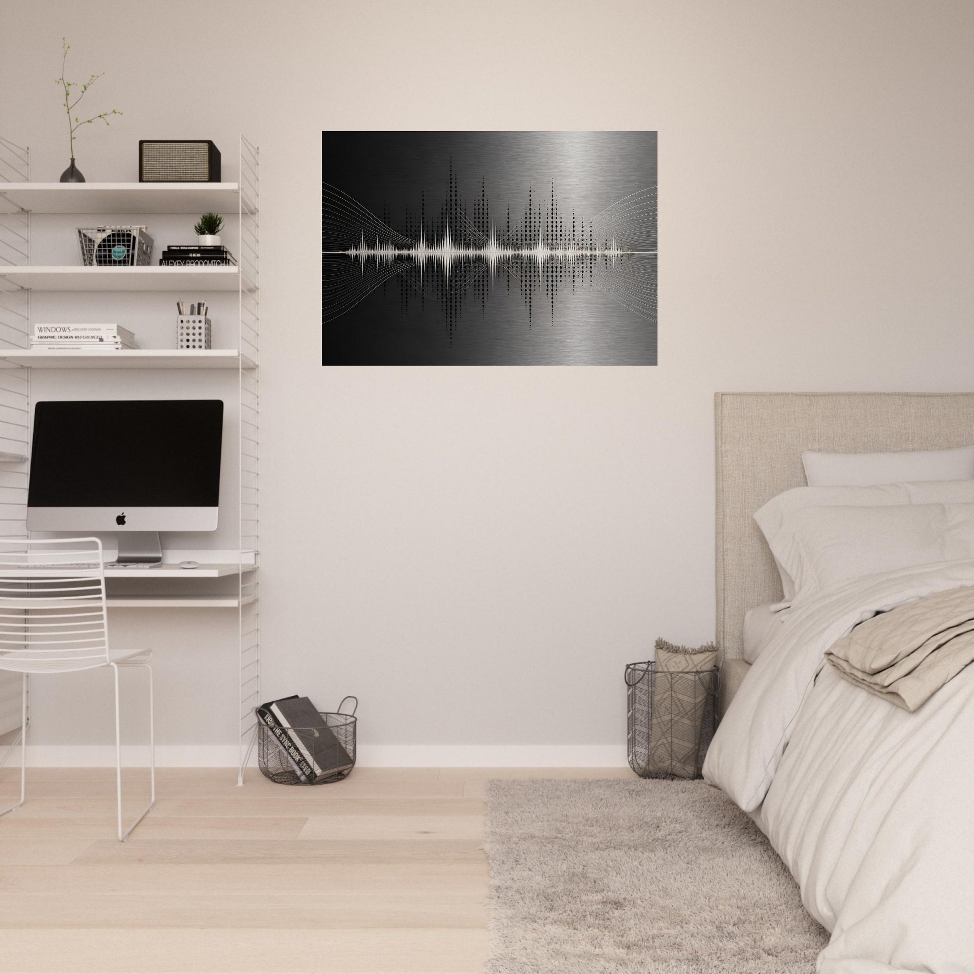 Minimalist soundwave aluminium wall art displayed in a neutral bedroom above a small desk beside the bed.