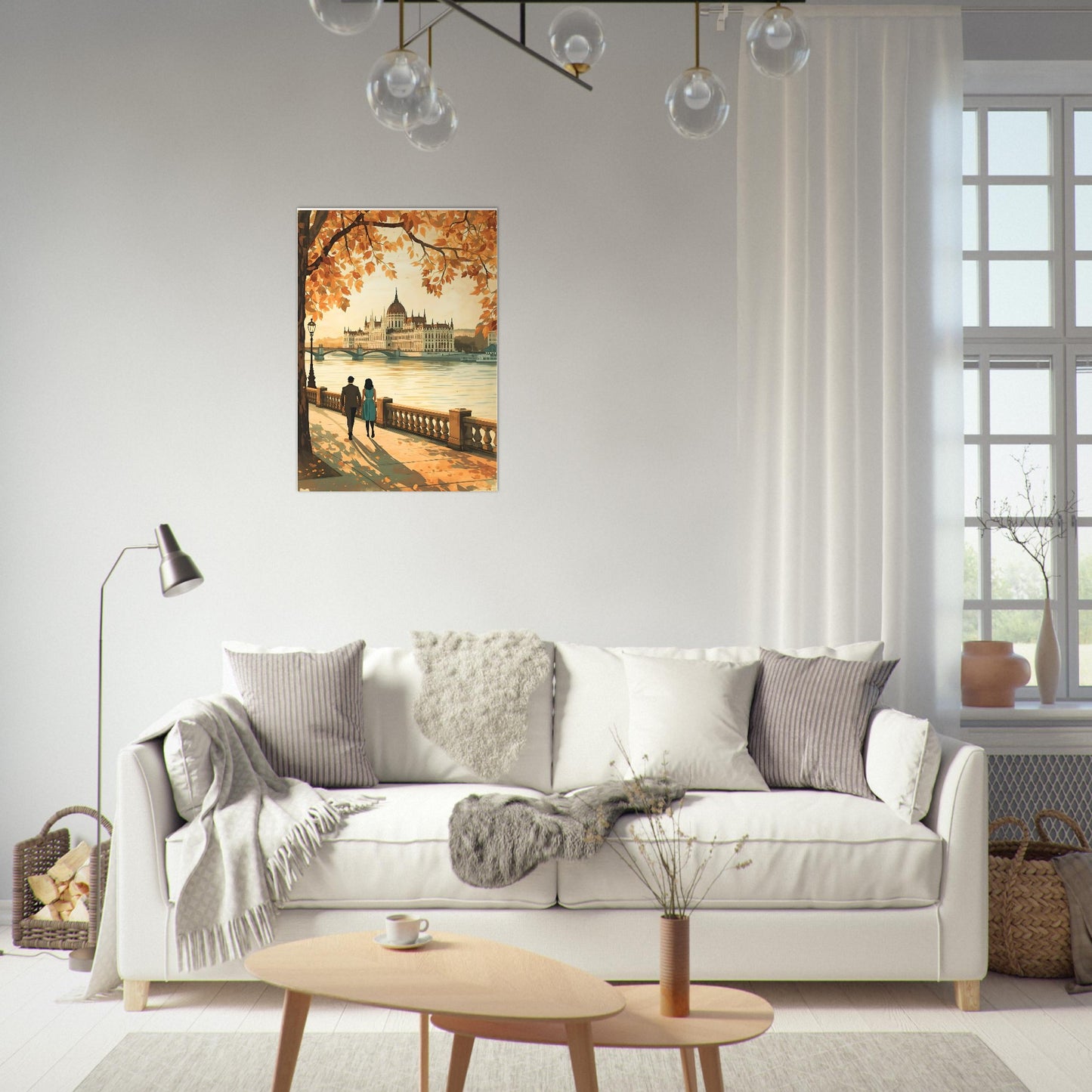 Hungarian Parliament wall art in modern neutral home decor setting