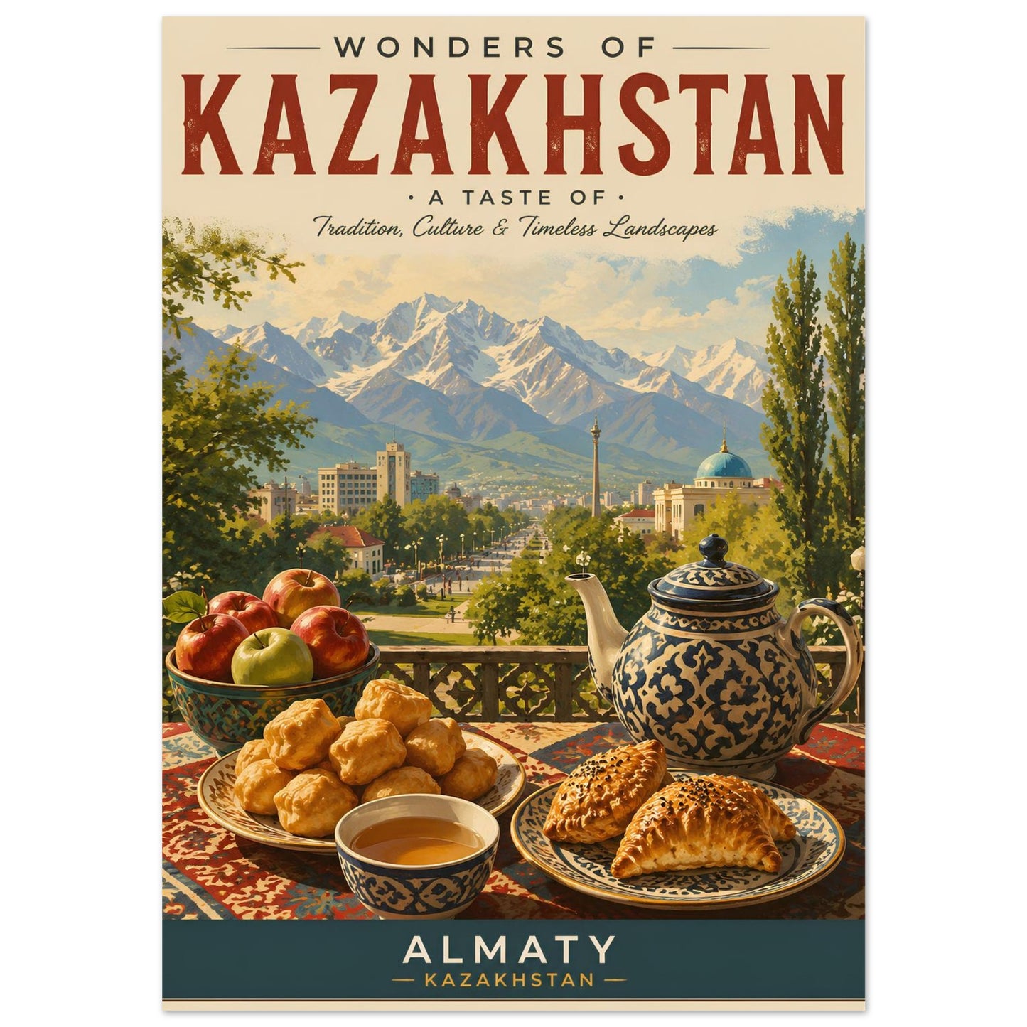 Poster of 'Wonders of Kazakhstan' with scenic view and traditional food items.