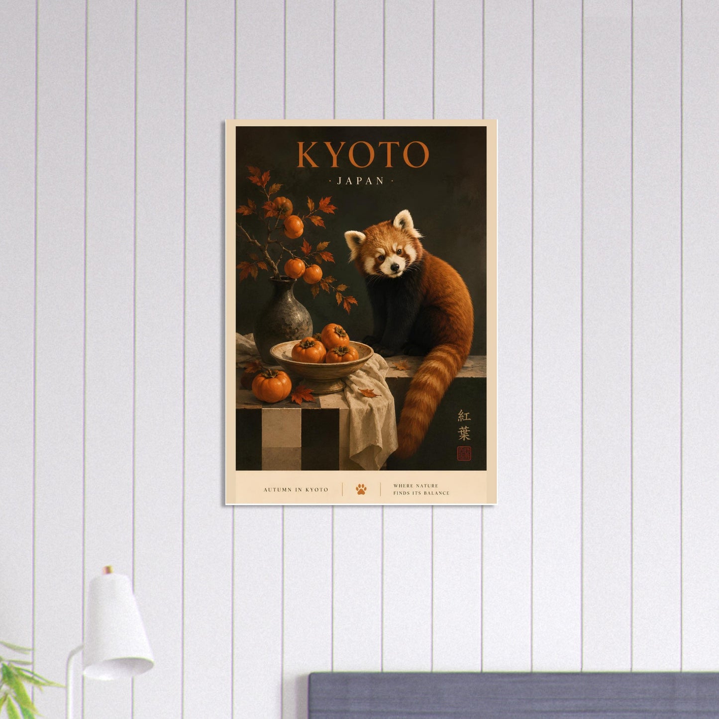 Poster of a red panda in a Kyoto-themed setting on a white wall.