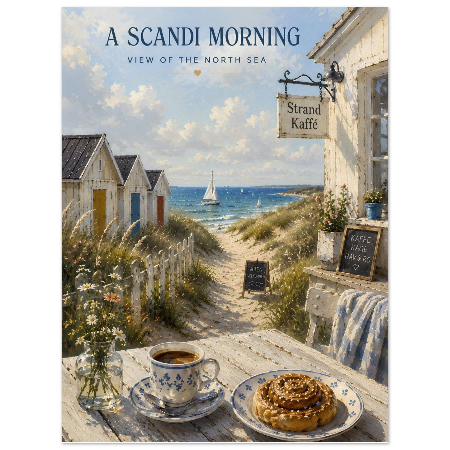 Nordic coastal wall art featuring sandy dunes, sailing boats and a seaside café in painterly style
