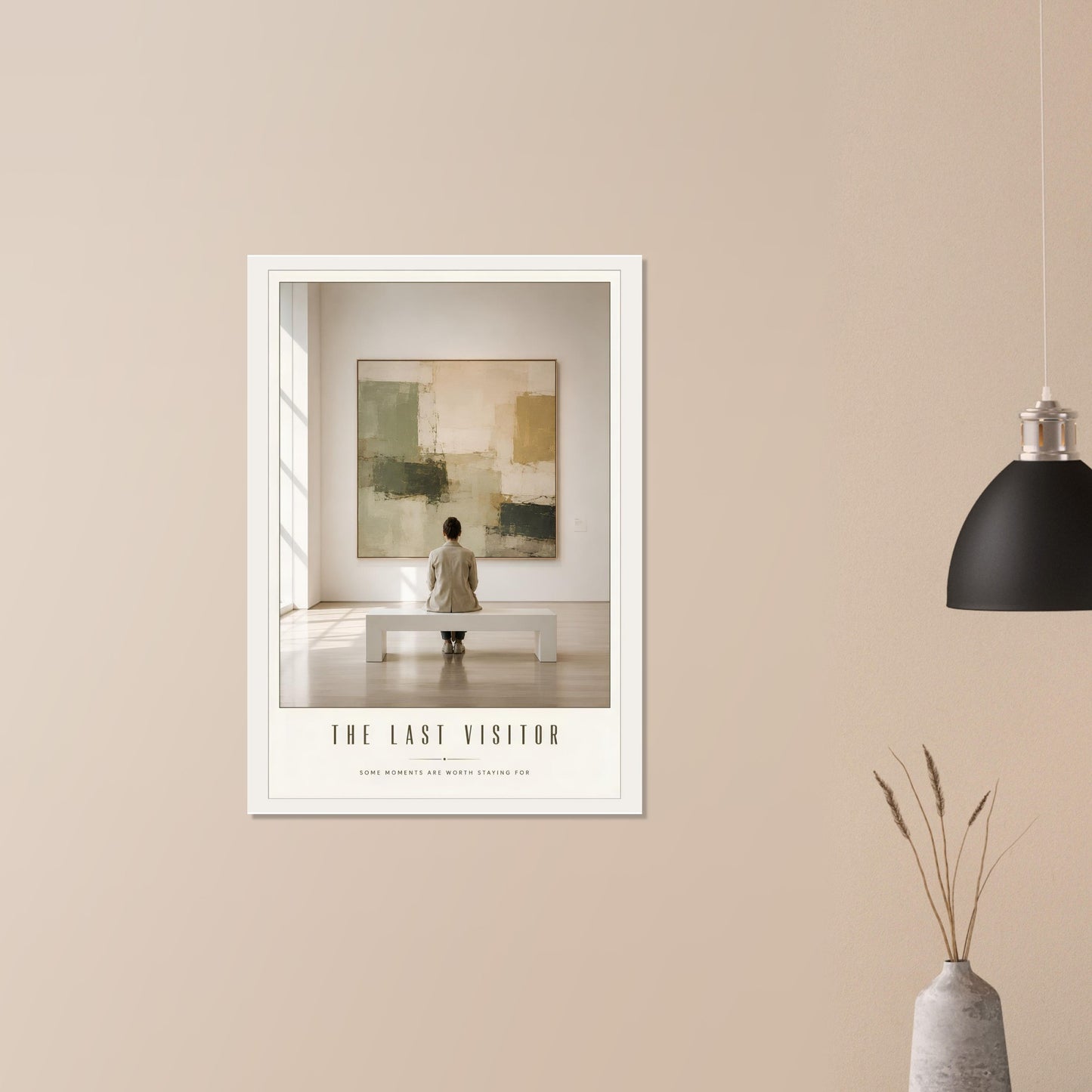Framed artwork of a person looking at a painting on a wall with minimal decor.