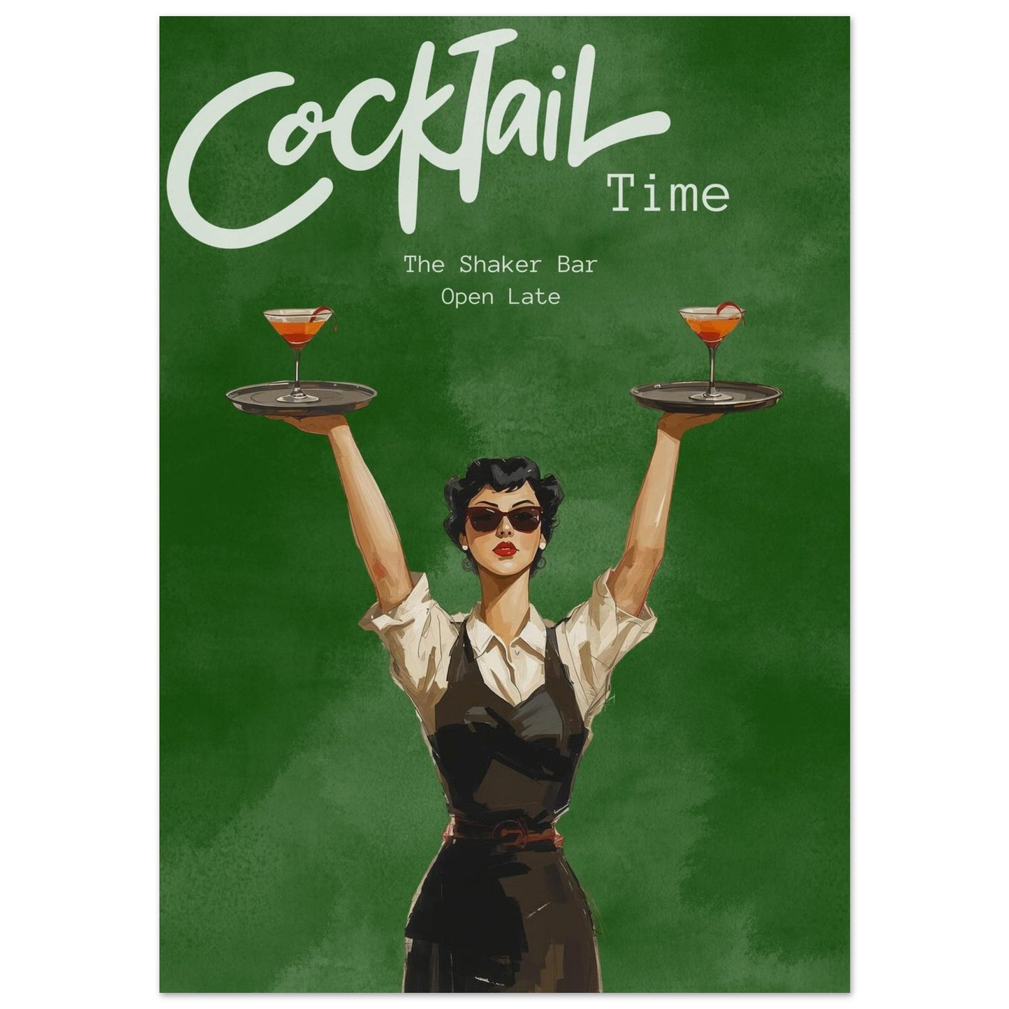 Illustration of a woman holding two cocktail trays with 'Cocktail Time' text on a green background