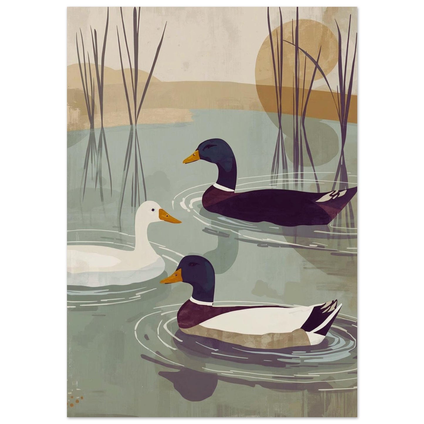 Illustration poster of three ducks swimming in a pond with reeds and a sunset in the background.