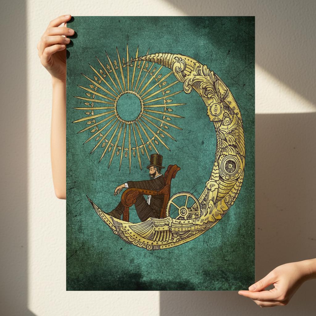 Steampunk vintage art poster showing a Victorian gentleman seated within a mechanical crescent moon with gold detailing on a textured teal background