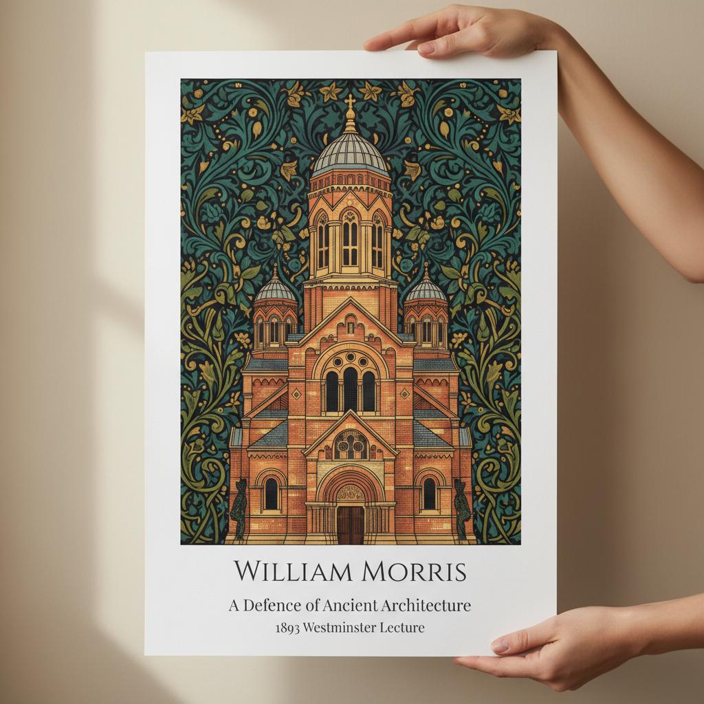 William Morris Poster of Westiminster cathedral design with decorative elements held by hands against a beige background