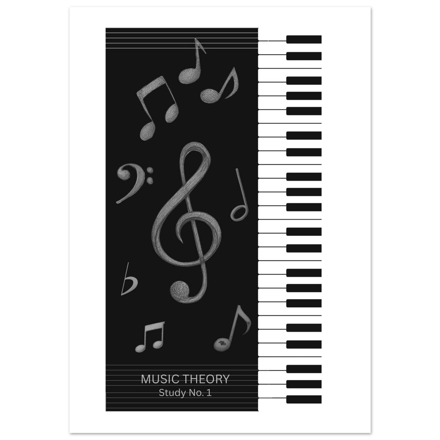 Music theory book cover with piano keys and musical notes on a black background