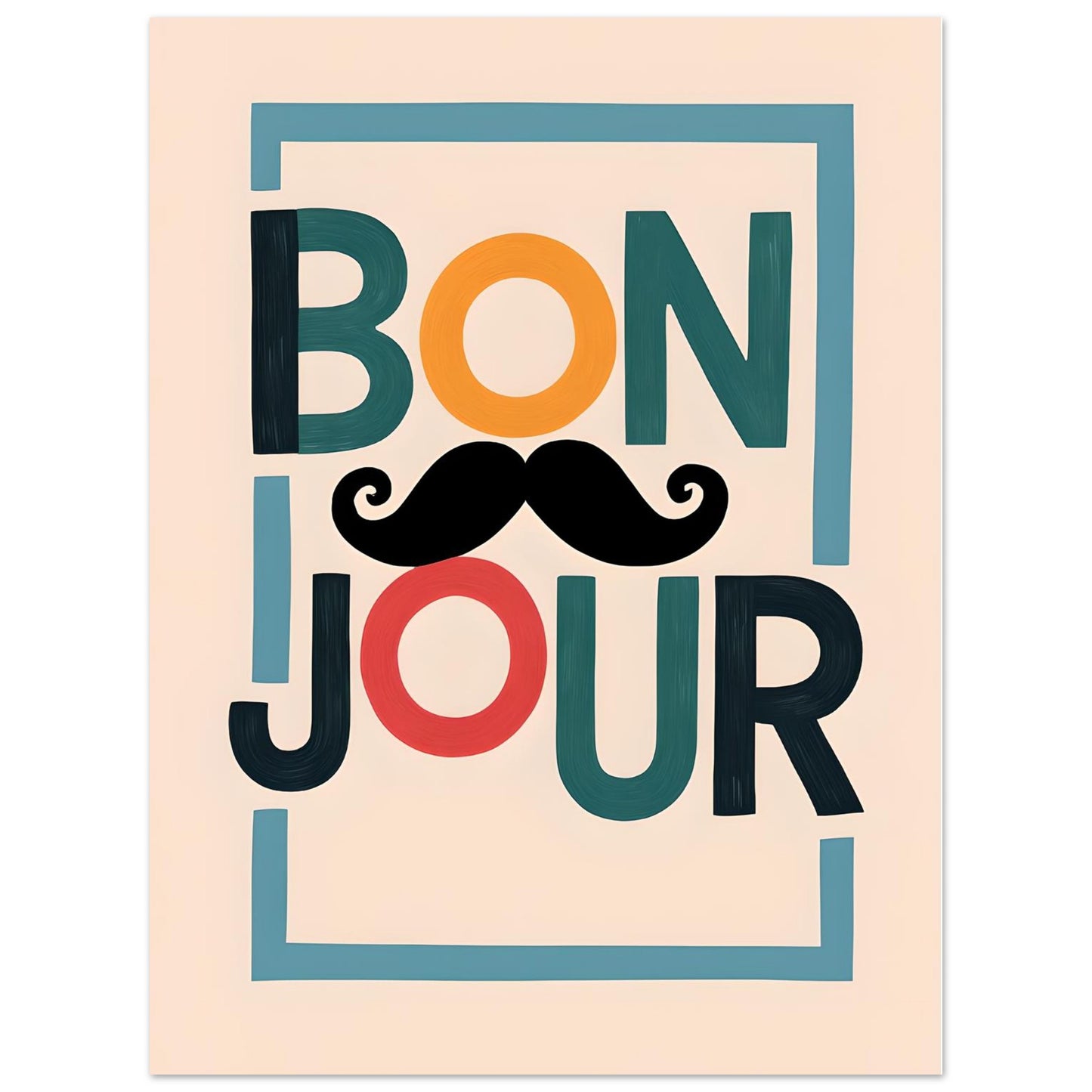 Bonjour Poster - Quirky French Greeting Wall Art with Mustache - Fun Living Room & Café Decor