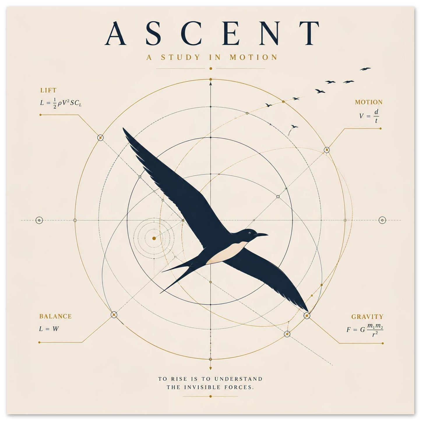 Modern bird wall art with geometric scientific line work on a warm ivory background, inspired by the science of flight.