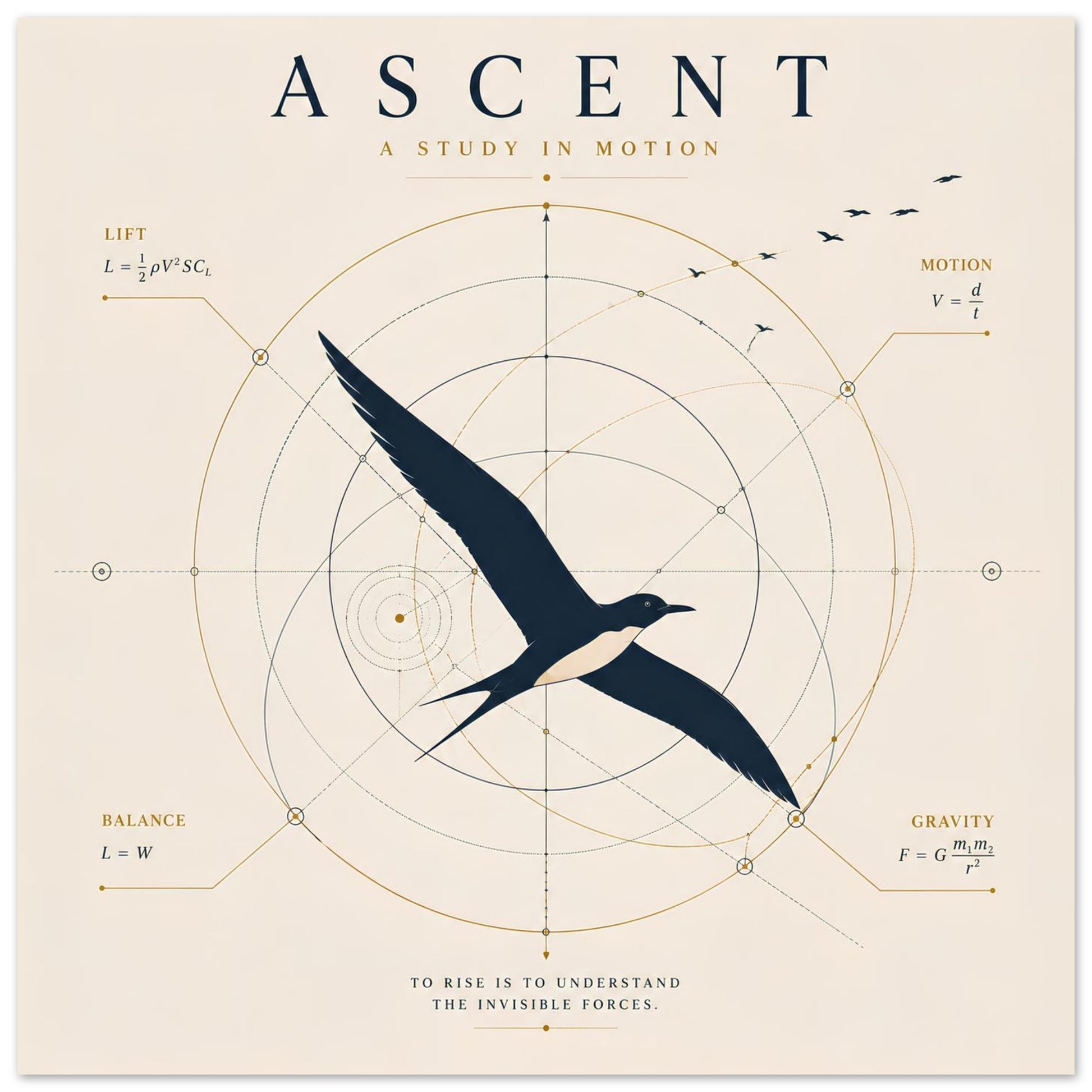 Modern bird wall art with geometric scientific line work on a warm ivory background, inspired by the science of flight.