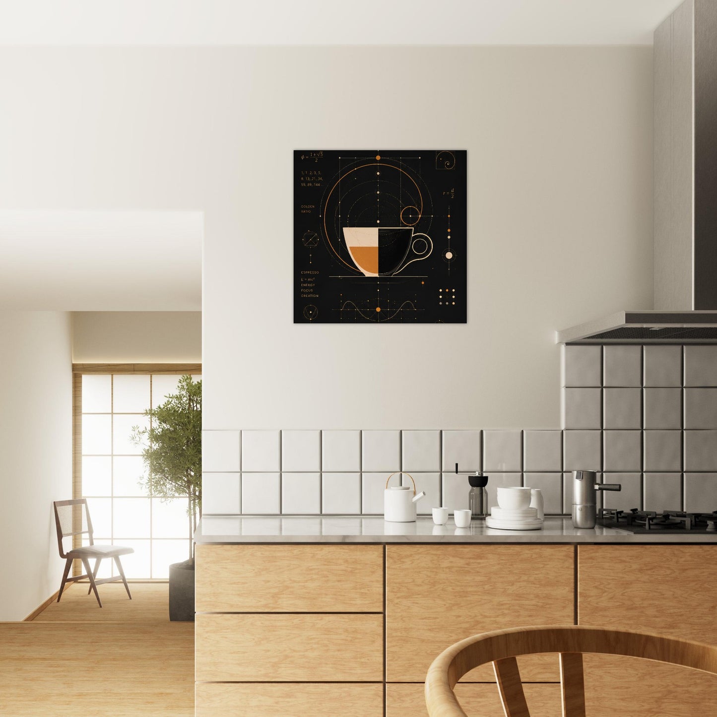 Modern coffee wall art hanging above a contemporary kitchen with light wood cabinets.