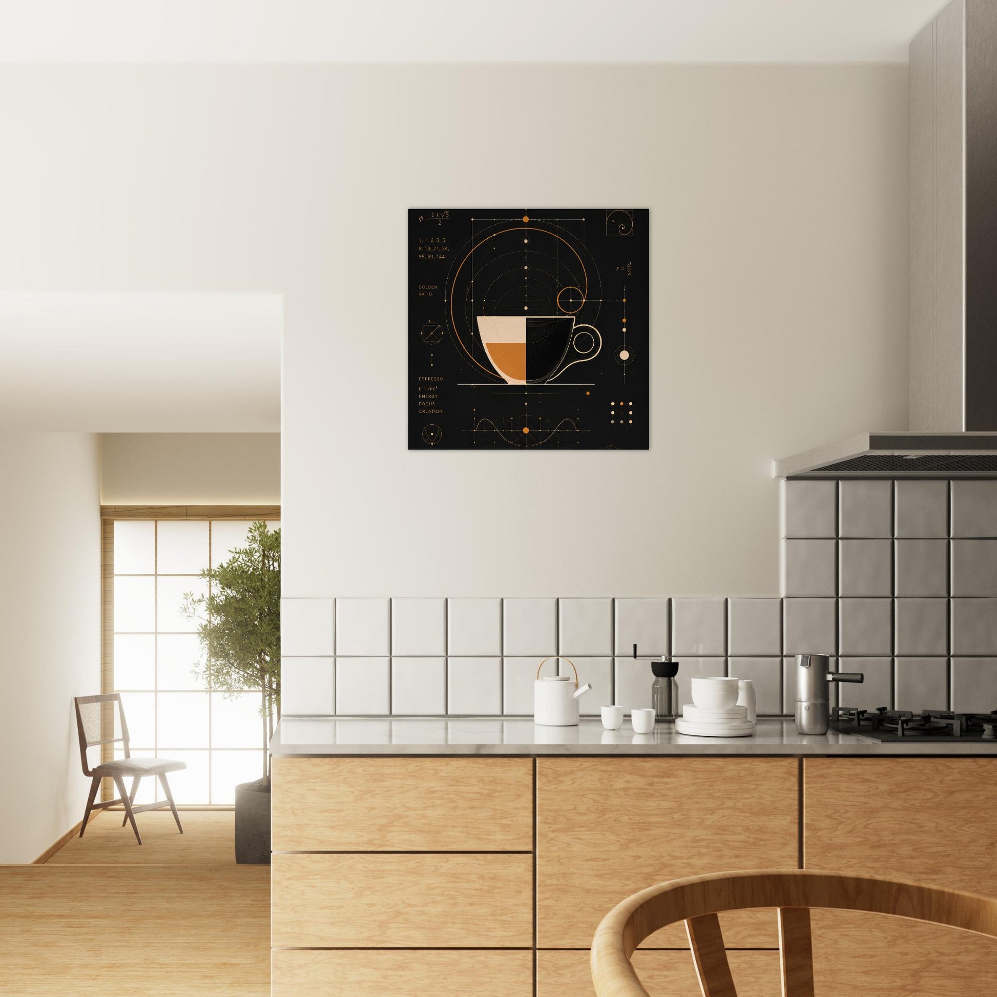 Modern coffee wall art hanging above a contemporary kitchen with light wood cabinets.