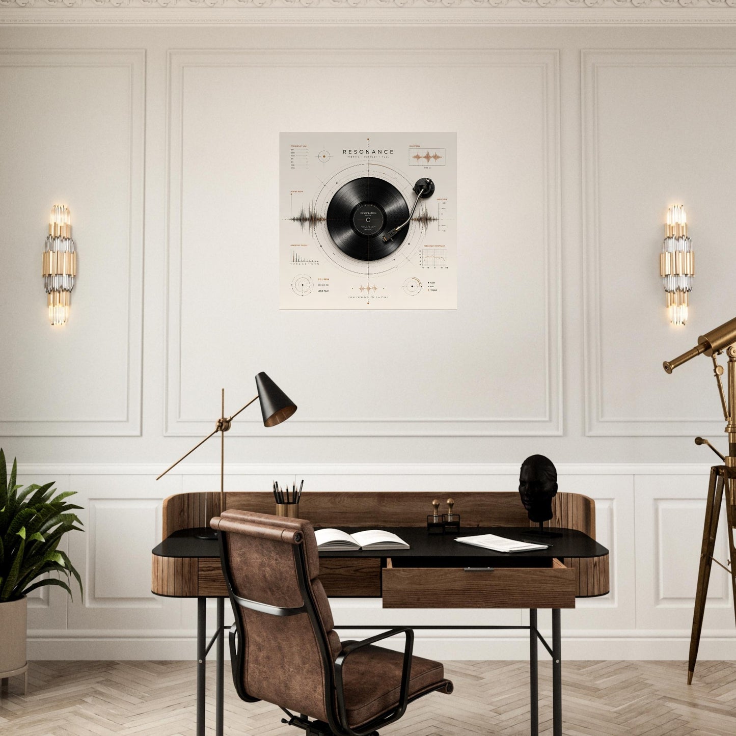 Minimalist Resonance music poster displayed above a contemporary desk in a modern home office with warm lighting.