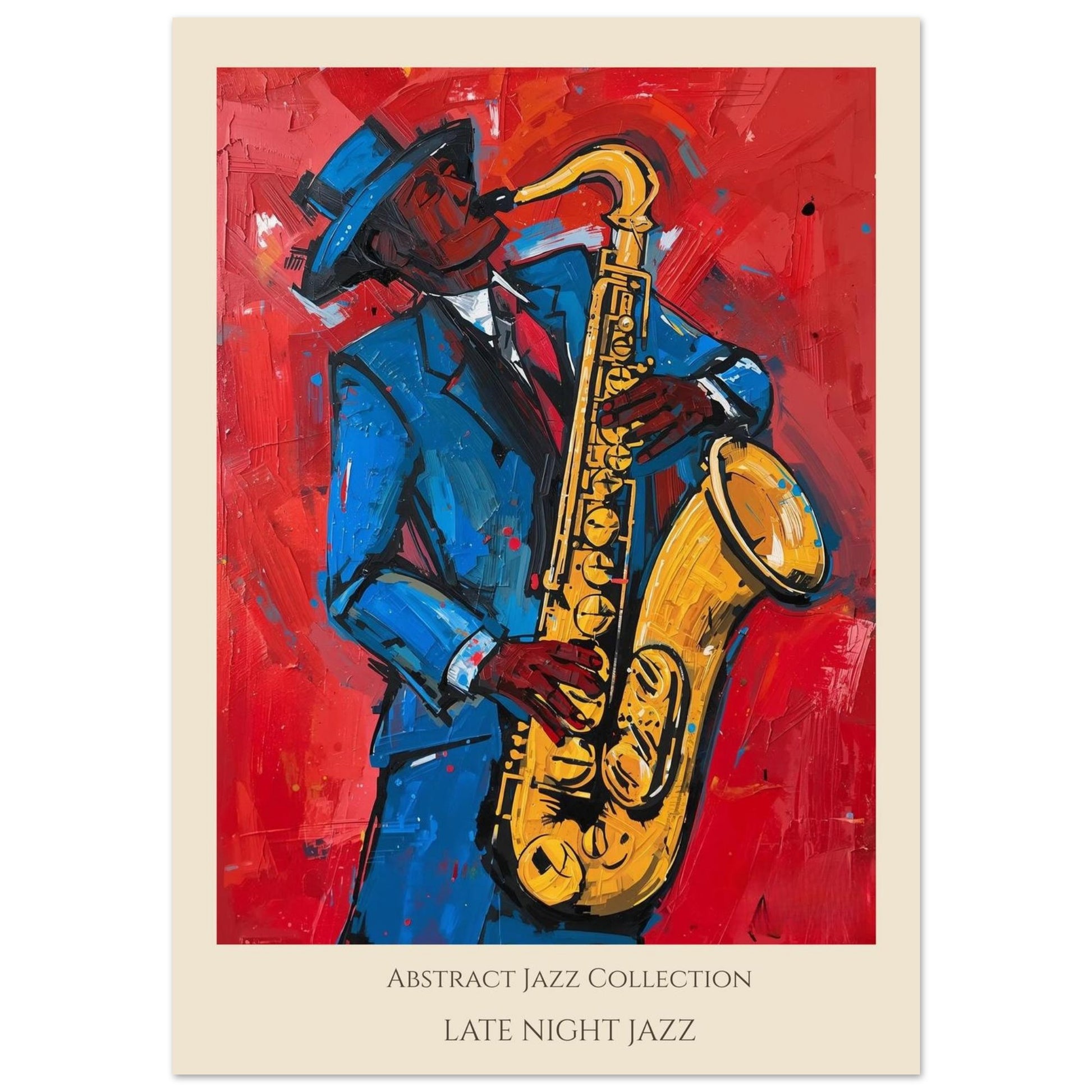 Painting of a jazz musician playing a saxophone with abstract design and text 'Abstract Jazz Collection Late Night Jazz'.