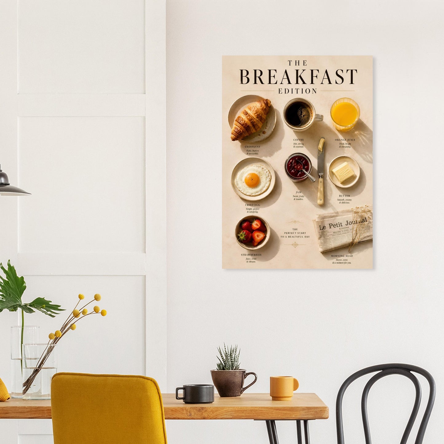 Breakfast Edition Poster displayed in a contemporary dining area with natural light and breakfast-themed wall art.
