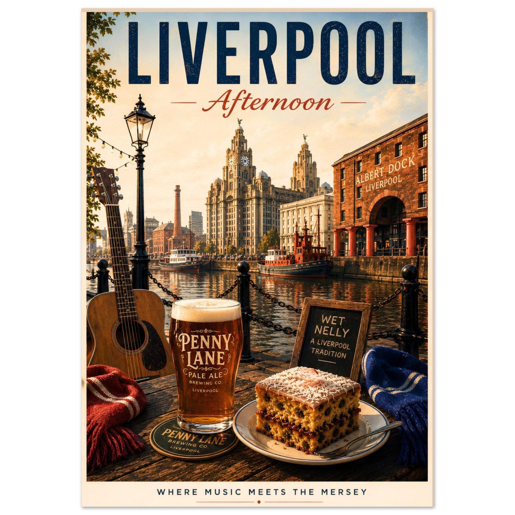 Liverpool Afternoon travel print featuring the Royal Liver Building, waterfront views, traditional Wet Nelly and a locally inspired pale ale.