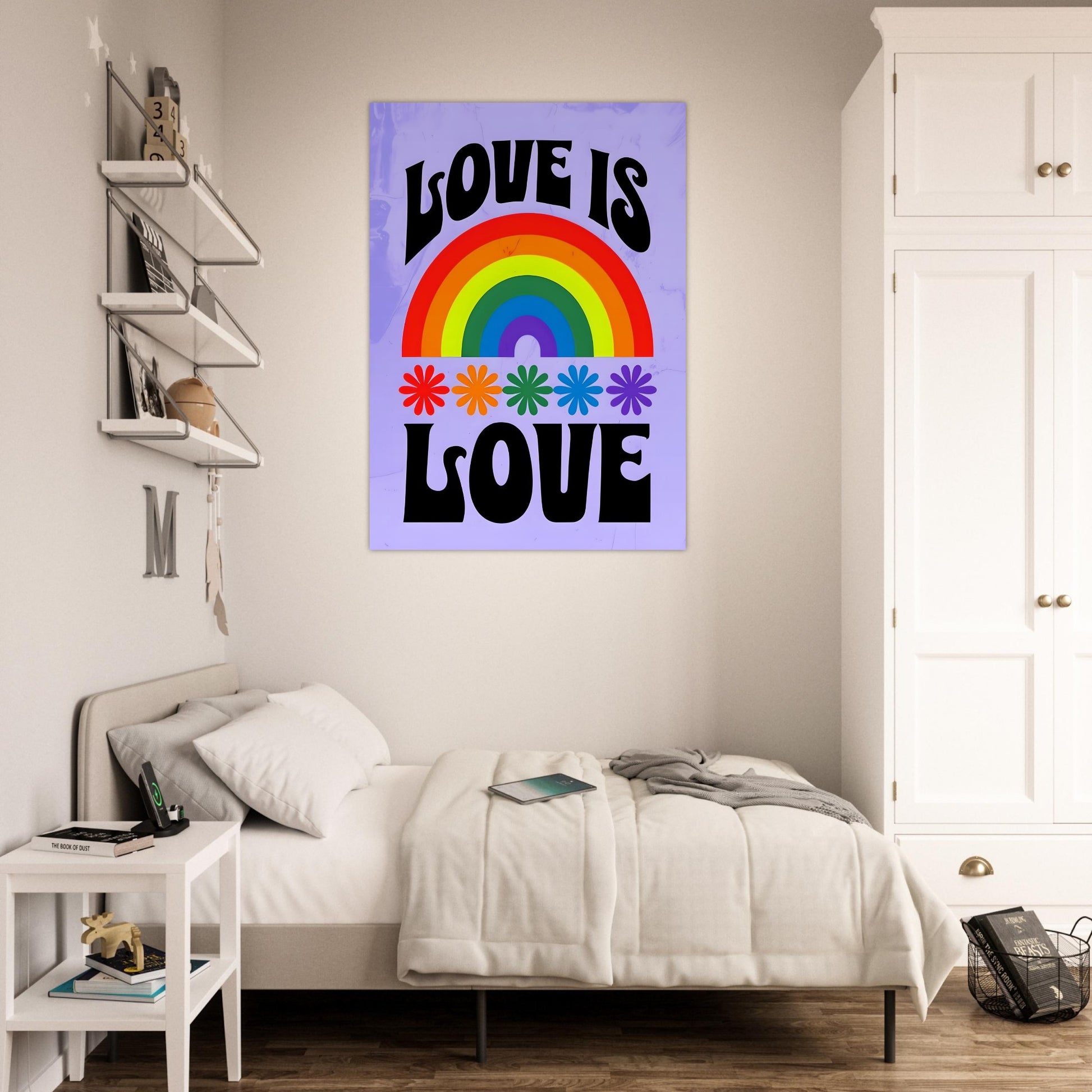 Room interior with 'Love is Love' rainbow poster on a wall above a bed.